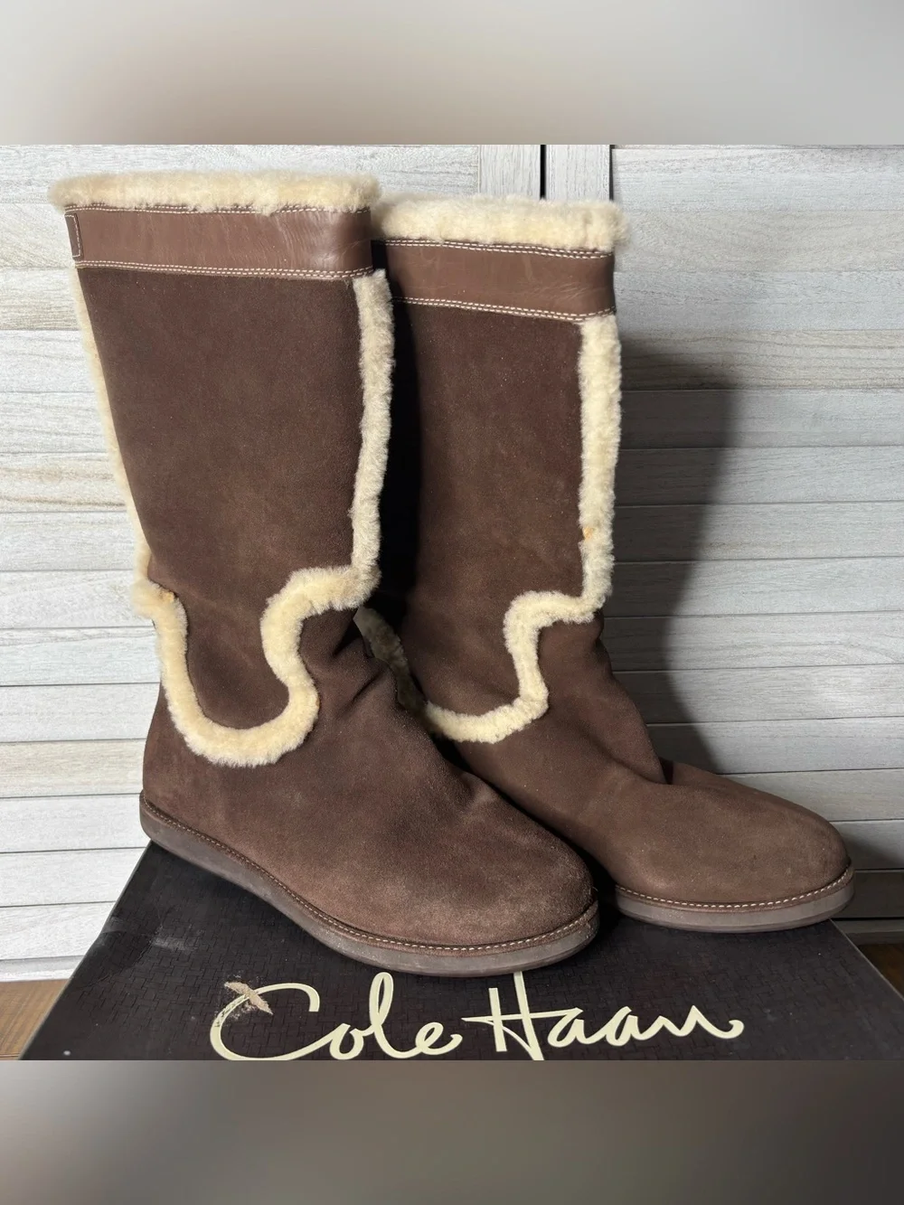 Cole Haan Air Jillian Waterproof Suede Shearling Fur Tall Winter Boots Size 9.5
